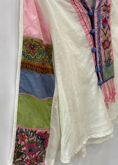 Art White V Neck Embroideried Button Linen Top Long Sleeve