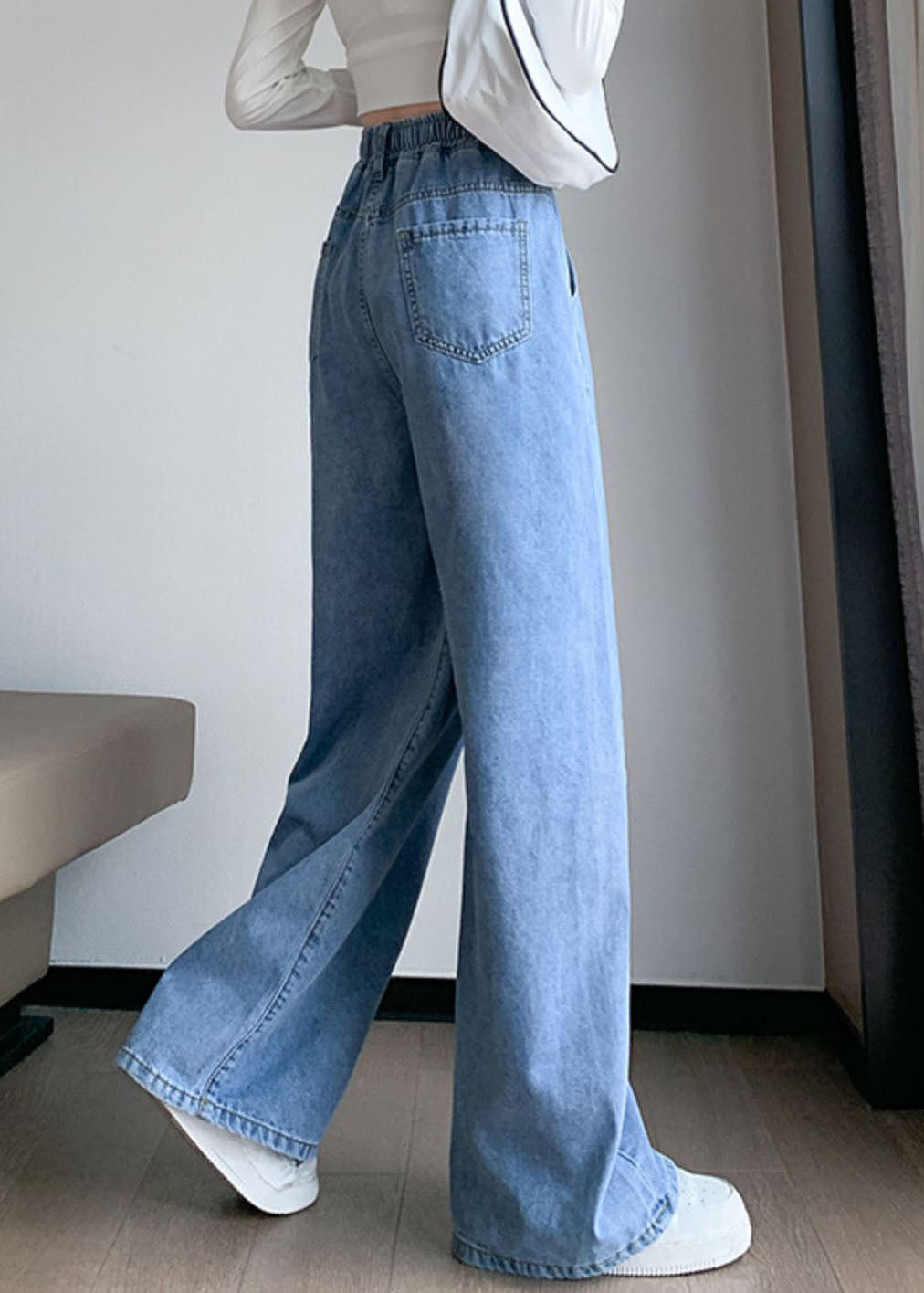 Blue Original Design Elastic Waist Pockets Cotton Denim Wide Leg Pants Summer