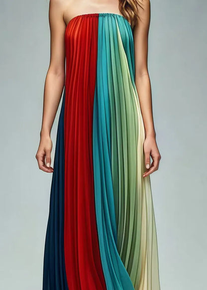 Colorblock Patchwork Wrinkled Chiffon Strapless Dresses Summer
