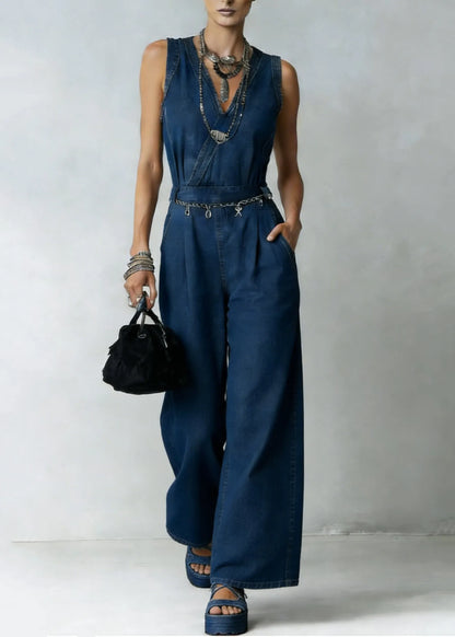 Unique Blue V Neck High Waist Denim Jumpsuit Sleeveless