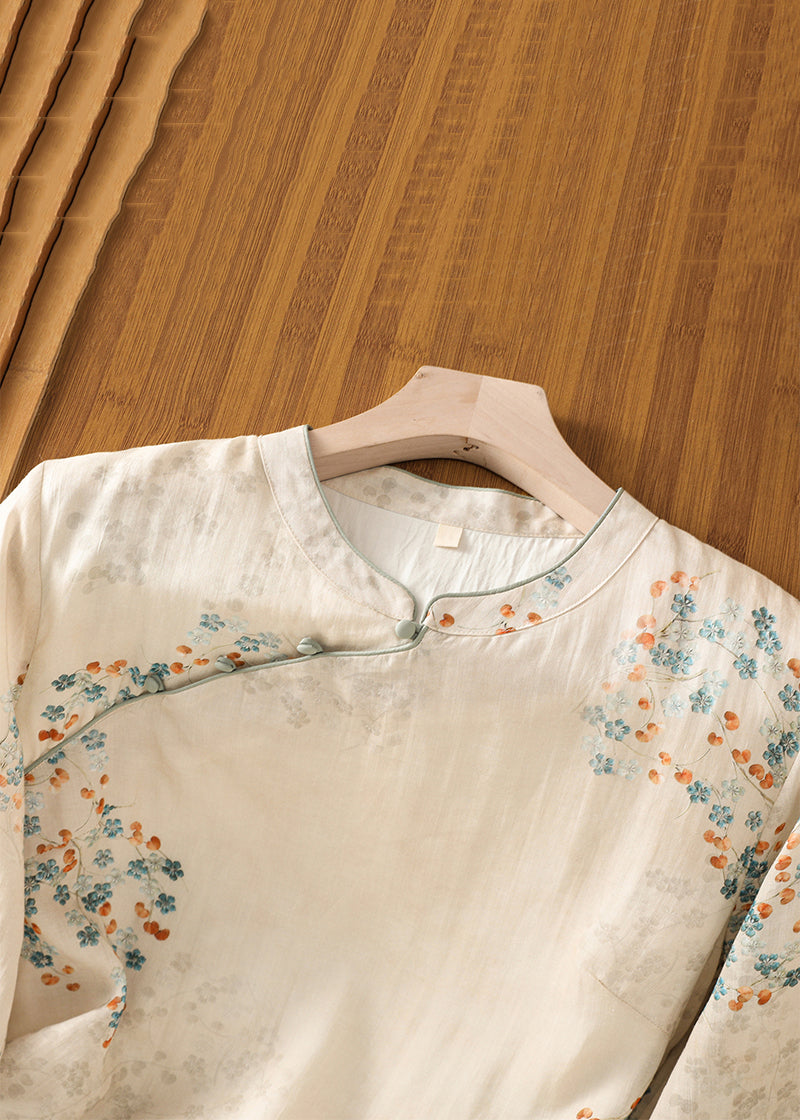 Apricot Stand Collar Print Cotton Shirt Half Sleeve