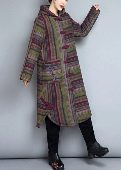 Khaki Hooded Pockets Striped Fine Cotton Filled Witner Coats