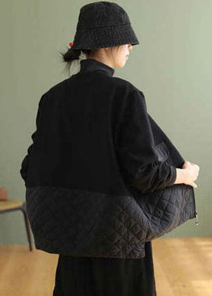 Black Zip Up Patchwork Warm Fleece Jacket Spring
