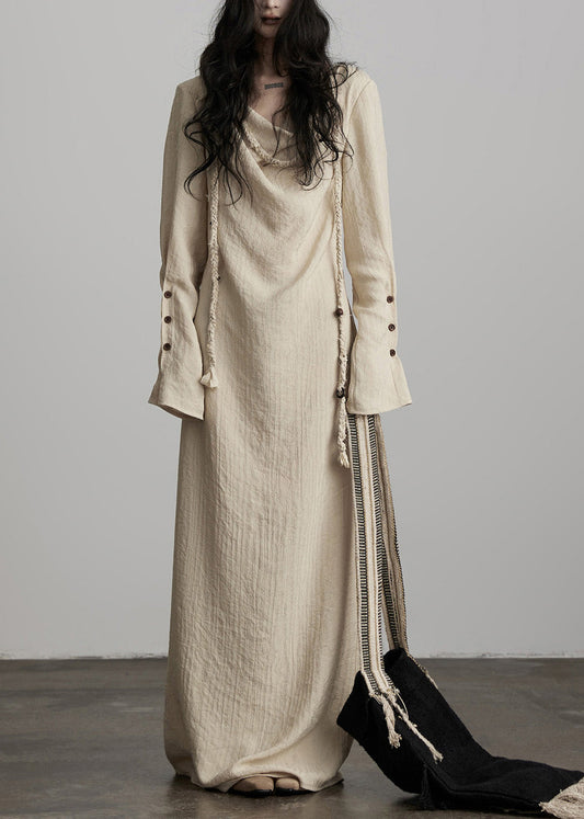Unique Beige Button Lace Up Cotton Maxi Dress Fall