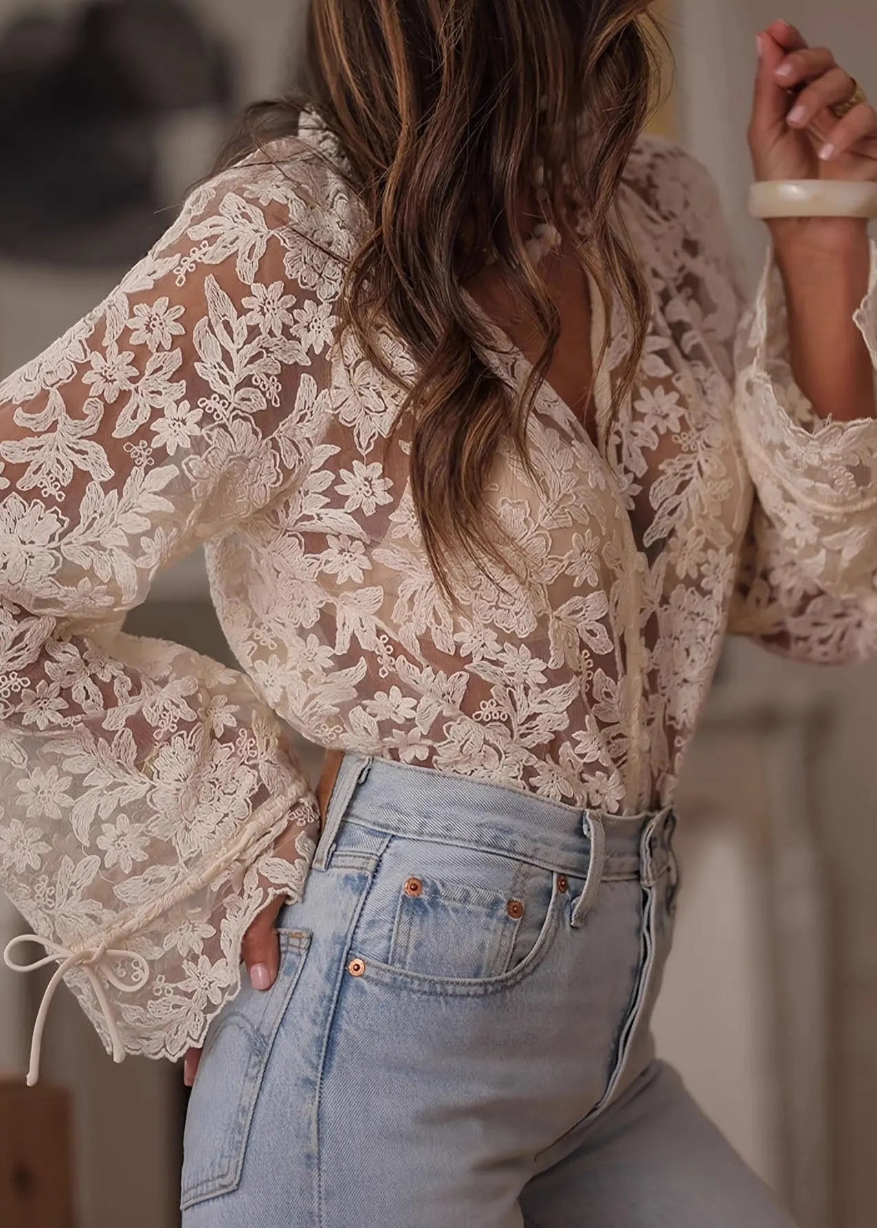 Style Beige Button Patchwork Lace Shirts Top Spring