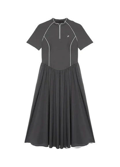 Summer Dark Grey Stand Collar Wrinkled Splicing Dress