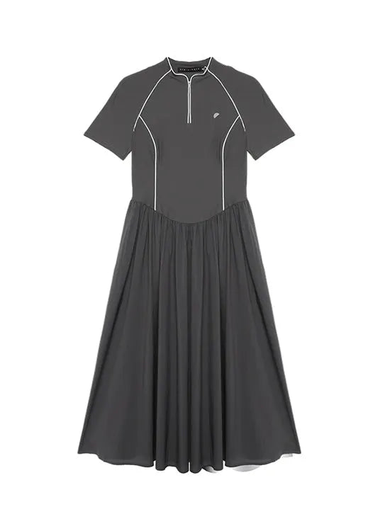 Summer Dark Grey Stand Collar Wrinkled Splicing Dress