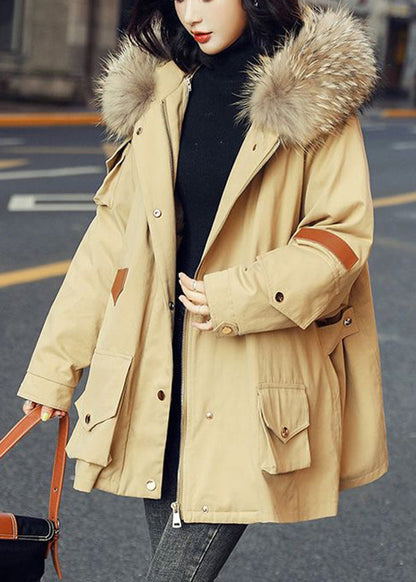 Army Green Zip Up Fur Collar Cotton Puffer Parka Jacket Winter
