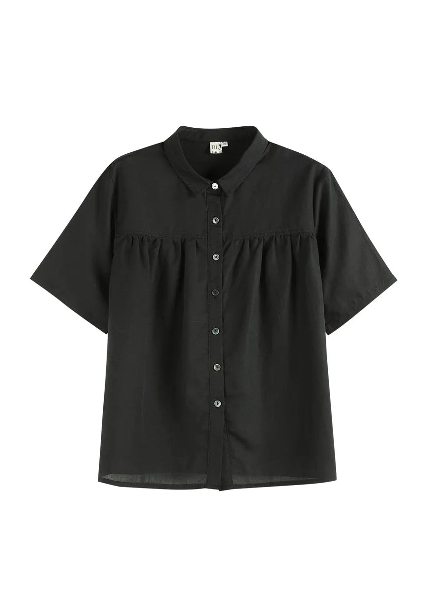 Simple Black Peter Pan Collar Wrinkled Button Linen Blouses Short Sleeve