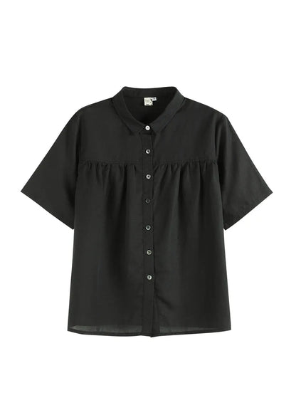 Simple Black Peter Pan Collar Wrinkled Button Linen Blouses Short Sleeve