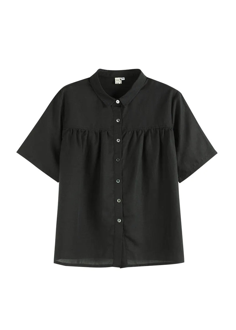 Simple Black Peter Pan Collar Wrinkled Button Linen Blouses Short Sleeve