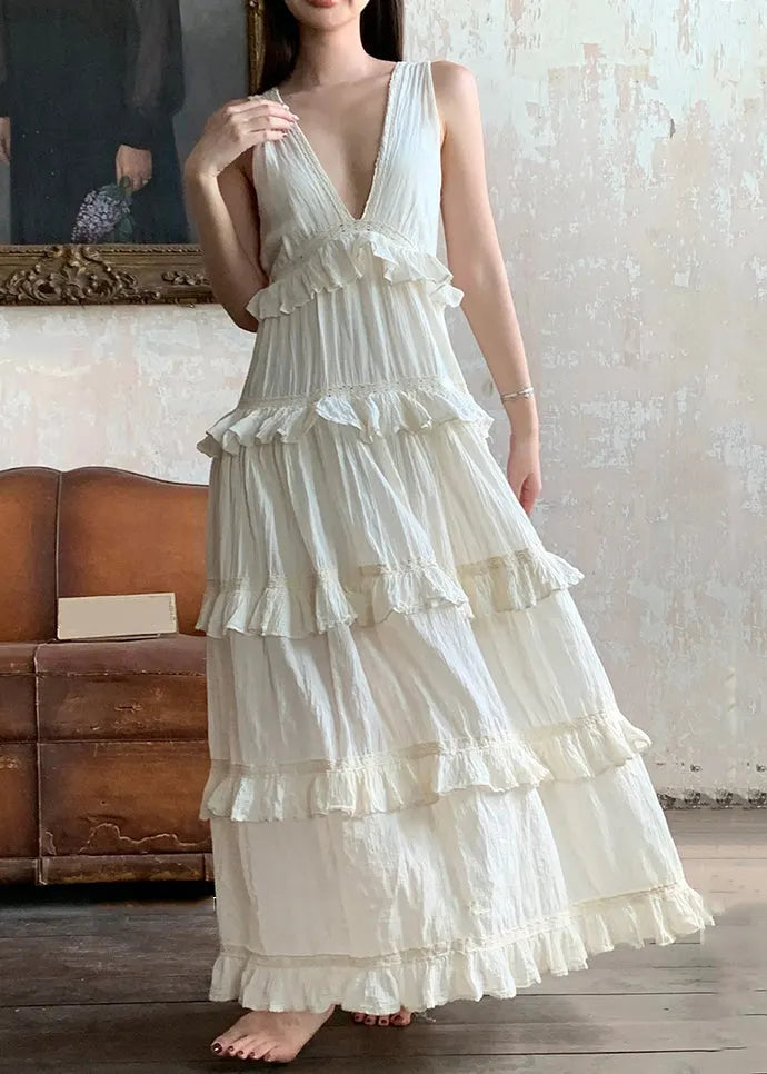 Beige V Neck Ruffled Cotton Long Dresses Summer