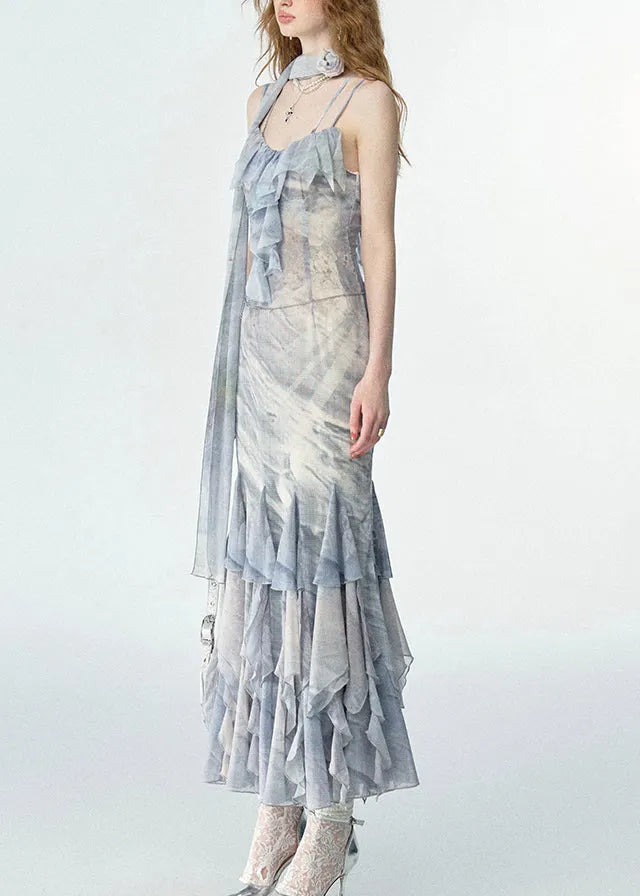 Print Ruffled Chiffon Long Spaghetti Strap Dresses Summer