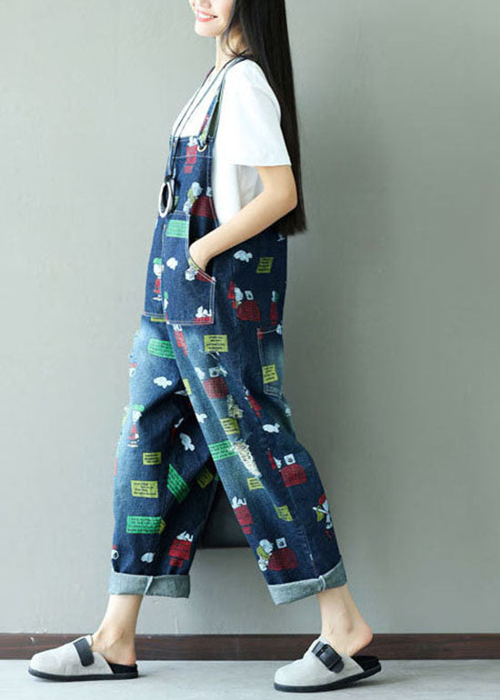Dark Blue Print Jumpsuits Pockets Summer