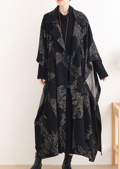 Black Print Peter Pan Collar Button Long Trench Coats