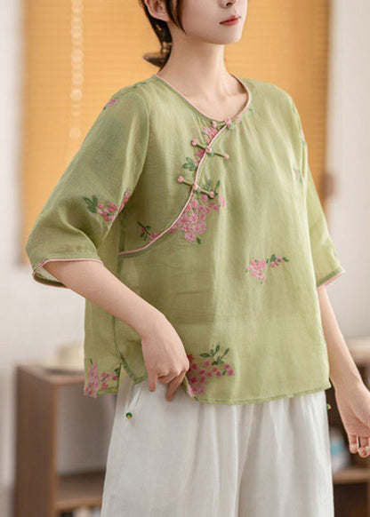 Yellow O Neck Oriental Button Linen Shirt Summer
