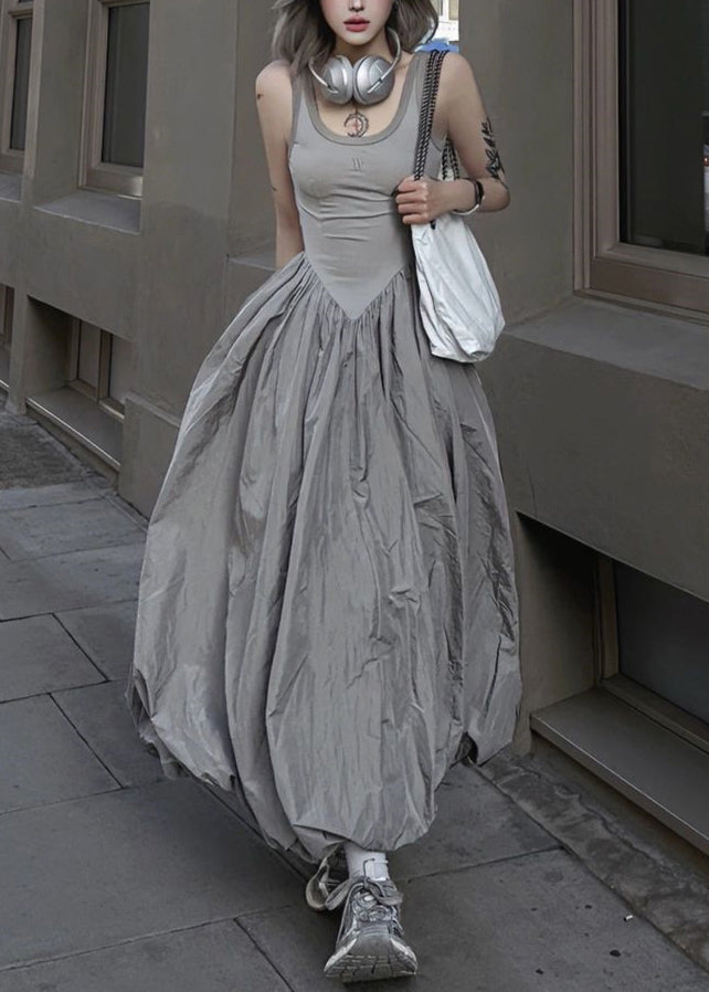 New Grey Backless Patchwork Cotton Long Dresses Sleeveless Summer