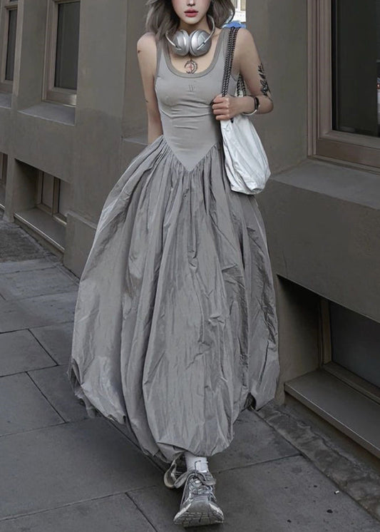 New Grey Backless Patchwork Cotton Long Dresses Sleeveless Summer