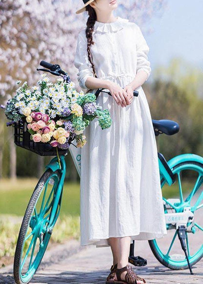 White Ruffles Pockets Summer Linen Dress
