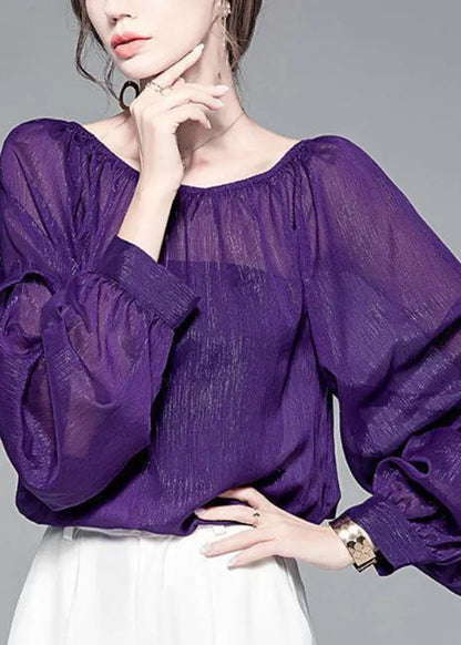 Style Purple Wrinkled Slash Neck Chiffon Tops Puff Sleeve