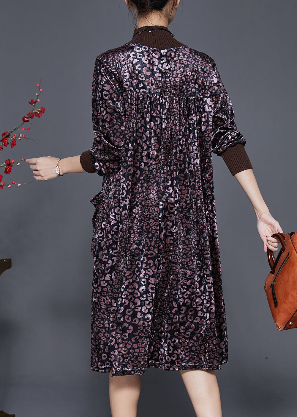 Dull Purple High Neck Print Silk Velour Dress Spring