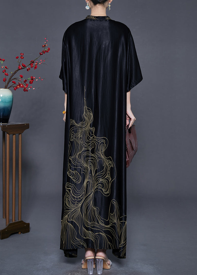 Boutique Black Mandarin Collar Print Silk Long Dresses Half Sleeve Summer