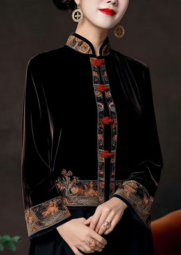 Classy Black Stand Collar Embroideried Silk Velour Coats Fall
