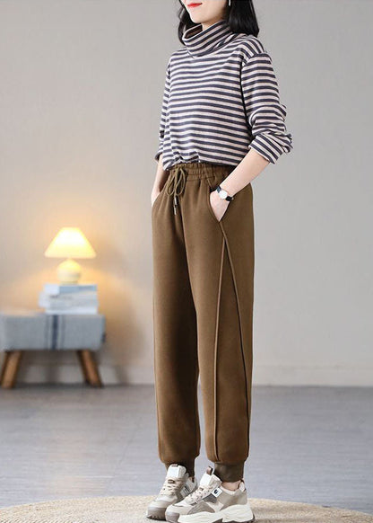 Coffee Elastic Waist Patchwork Drawstring Warm Fleece Pants Trousers Spring