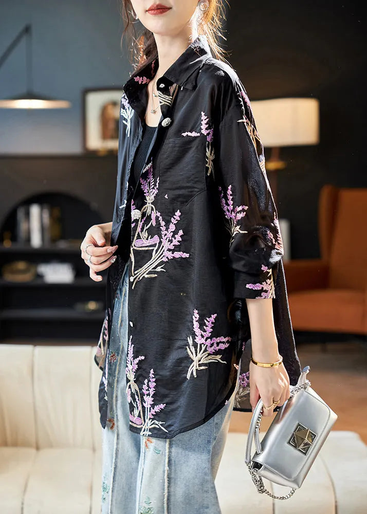 Black Peter Pan Collar Embroidered Silk Shirt Top Long Sleeve