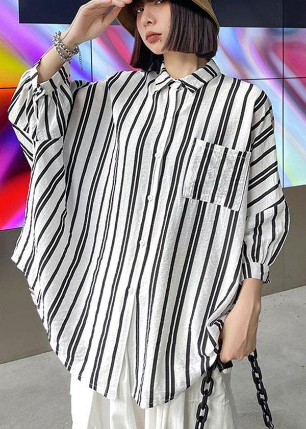 Black White Striped Pockets Button Shirt Tops Summer