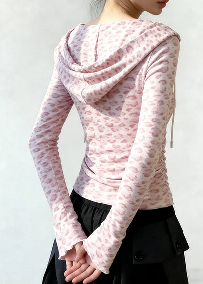 Pink Hooded Leopard Print Cotton Sweatshirt Tops Spring