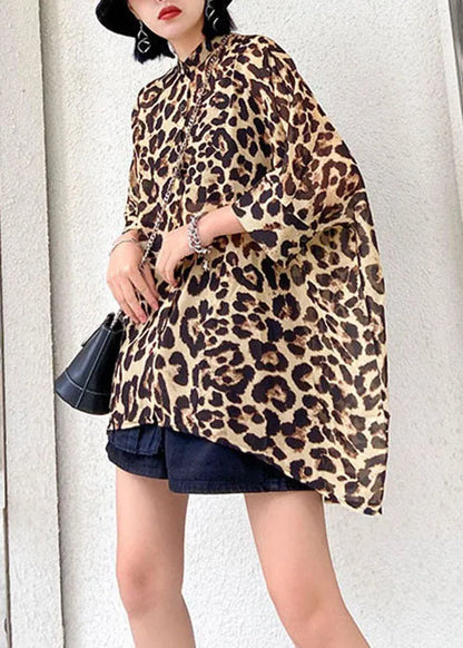 Low High Design Stand Collar Leopard Chiffon Shirts Spring