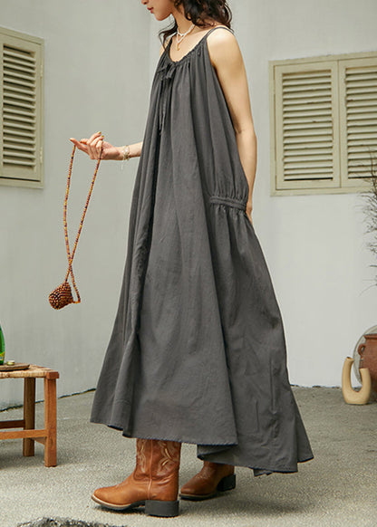 Loose Dark Grey Patchwork Cotton Long Spaghetti Strap Dress Summer