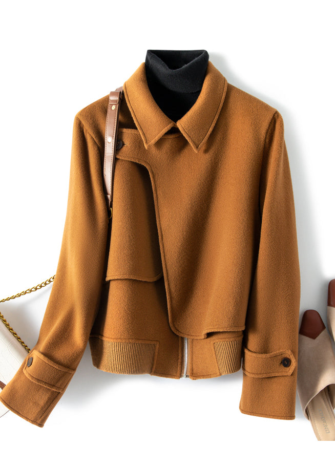 Chocolate Asymmetrical Patchwork Woolen Coats Fall