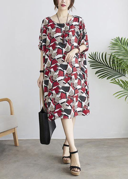 Diy Red Print Batwing Sleeve Summer Chiffon Dress