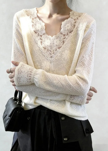 White V Neck Patchwork Jacquard Lace Shirt Tops Spring