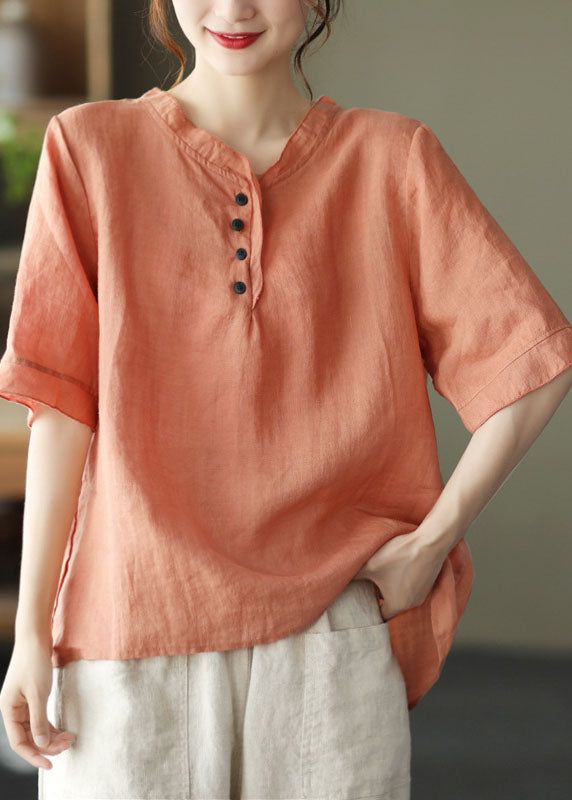 Orange V Neck Button Cotton Shirt Half Sleeve