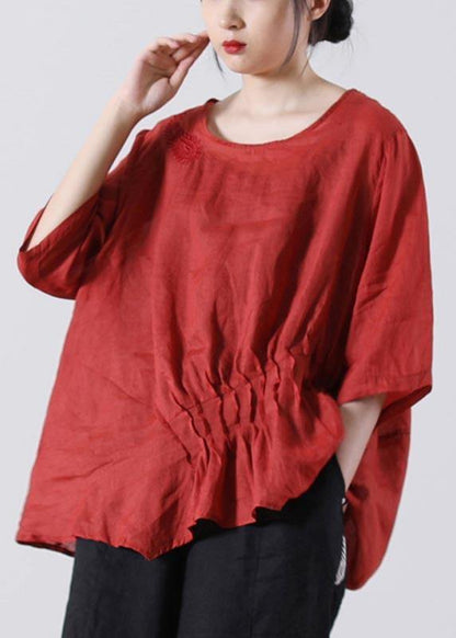 Red Cinched Cotton Linen Summer Blouse Top