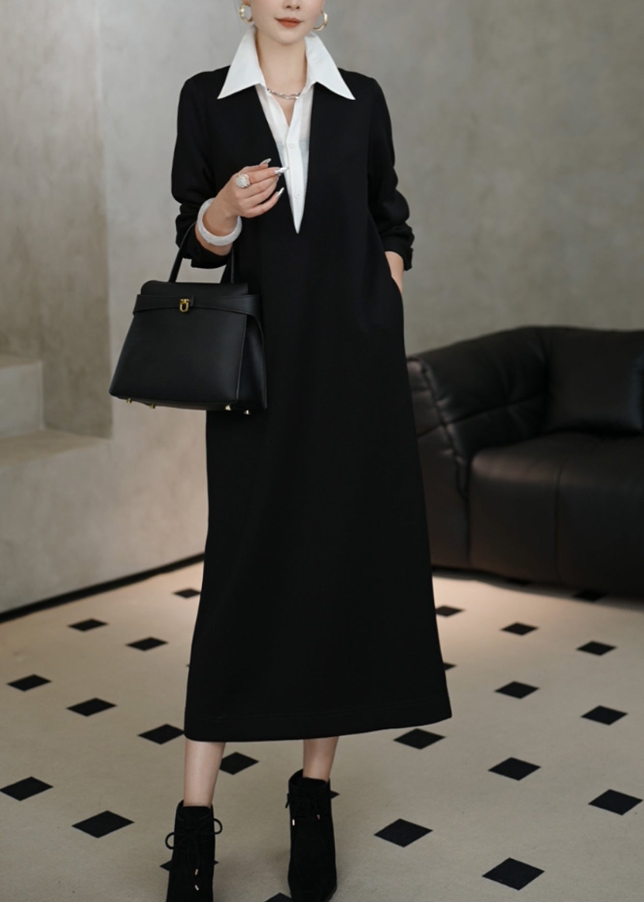 Black Peter Pan Collar False Two Pieces Patchwork Cotton Dresses Fall