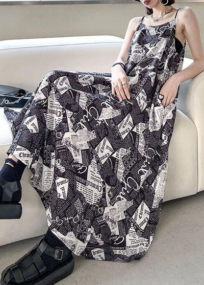 Black Cold Shoulder Print Side Open Cotton Sleeveless Summer Maxi Dress