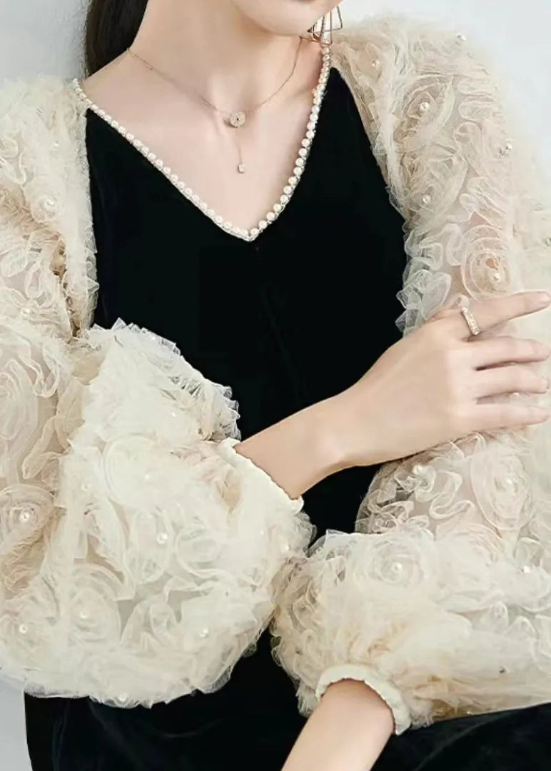 Handmade Black V Neck Nail Bead Patchwork Velour Dress Fall