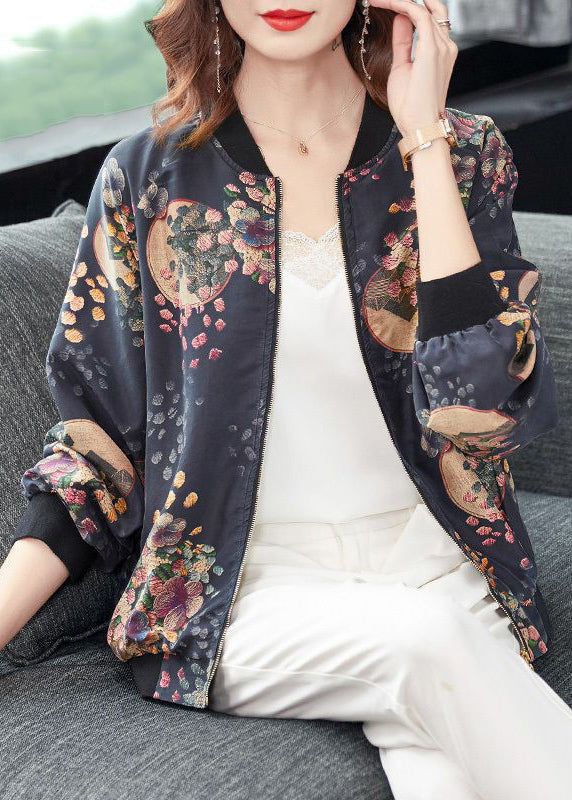Dark Gray Zip Up Print Pockets Patchwork Silk Coats Fall