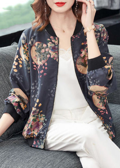 Dark Gray Zip Up Print Pockets Patchwork Silk Coats Fall