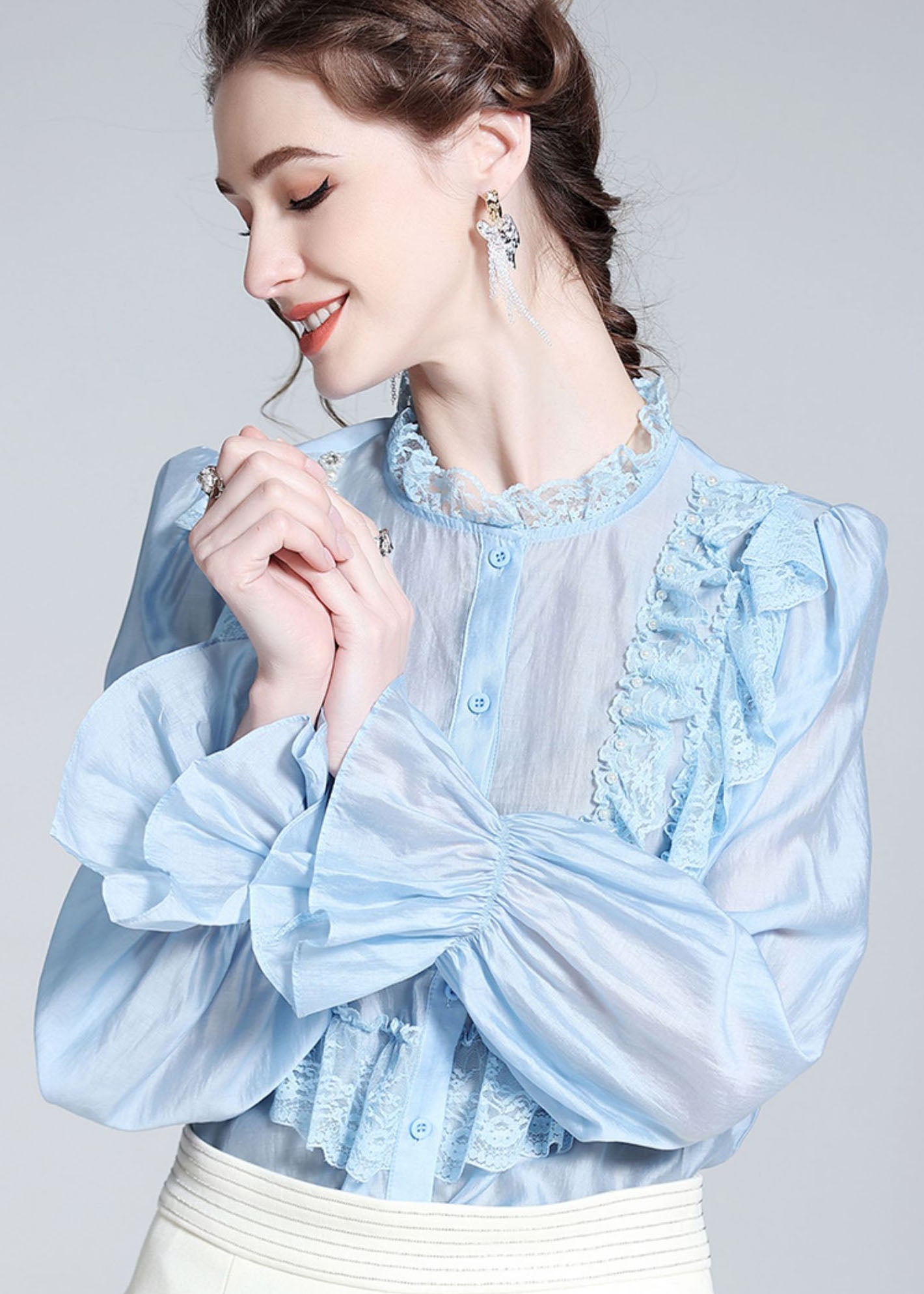 Light Blue Lace Ruffled Nail Bead Patchwork Silk Shirt Spring