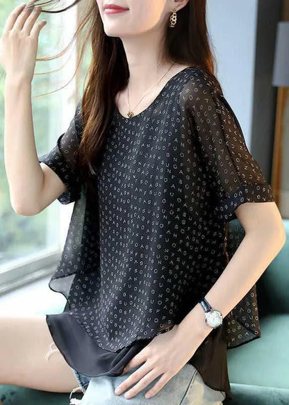 Unique Black O-neck Layered Design Letter Print Chiffon Tops Short Sleeve