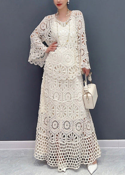 White Hollow Out Knit Two Piece Set Outfits Summer