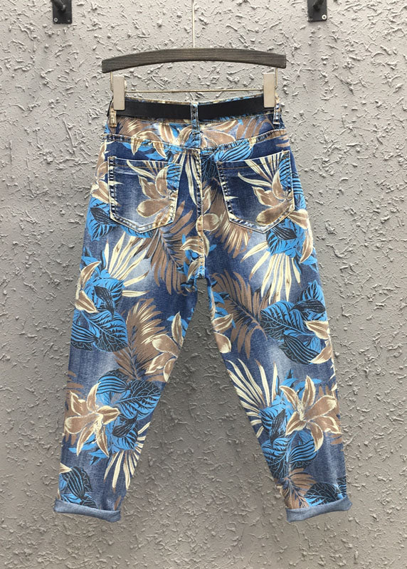Blue Print High Waist Sashes Harem Pants