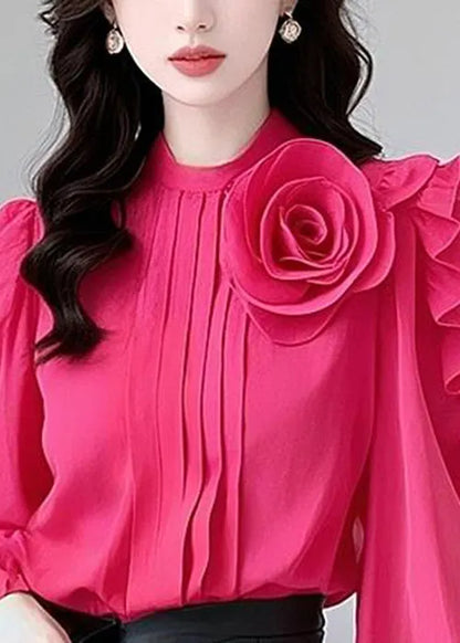 Rose Ruffled Cotton Blouses Fall