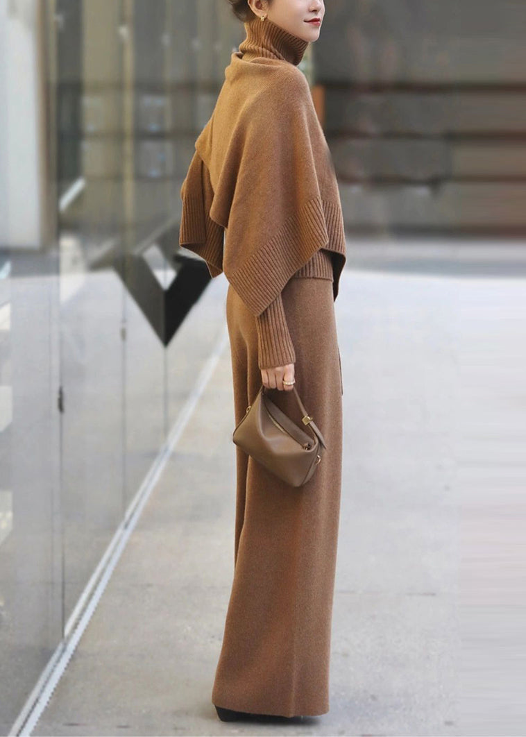 Classy Khaki Sweaters and Pants Knit Two Pieces Set Fall