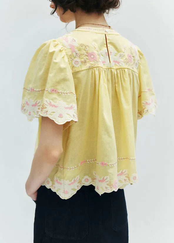 Yellow Embroidered Puff Sleeve Cotton Shirt
